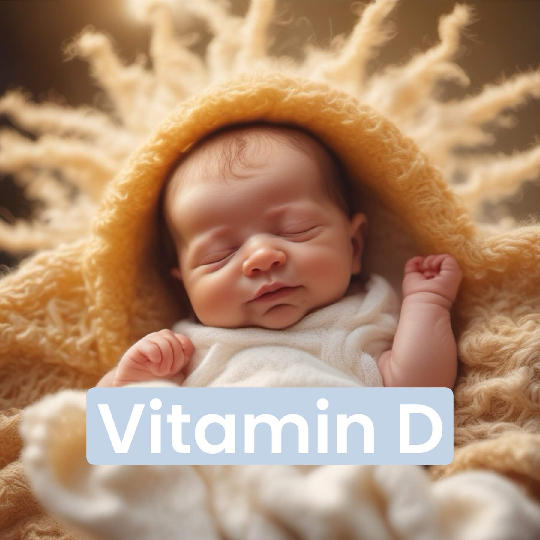 Newborn baby sleeping peacefully under a soft yellow blanket with a sun-like glow, symbolising natural Vitamin D exposure and warmth in a New Zealand setting.