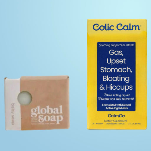 Combined image of the Baby’s Soothe & Cleanse Combo, with Natural Infant Soap and Colic Calm Relief, for infant care.