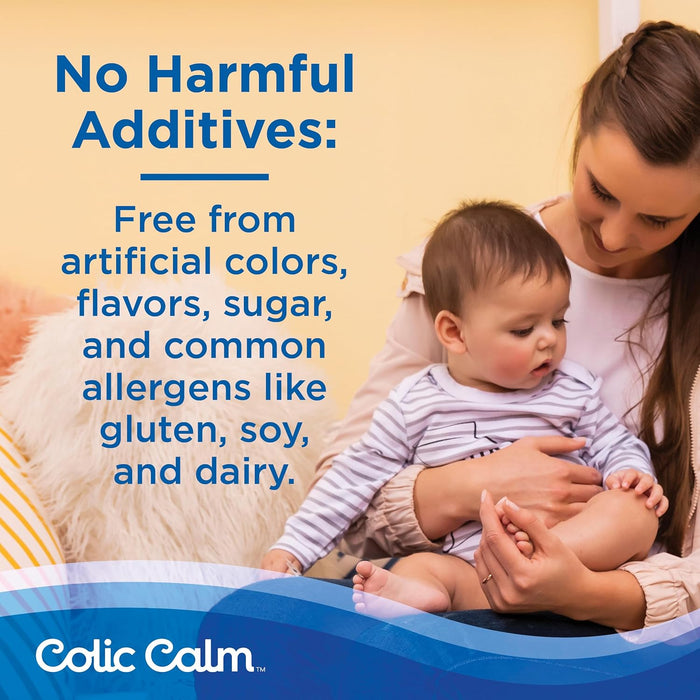 Mum holding baby with Colic Calm NZ branding and text about gentle ingredients and product safety.