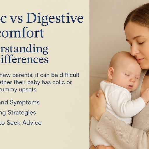 Mother holding baby with guide to colic vs tummy discomfort for NZ parents.