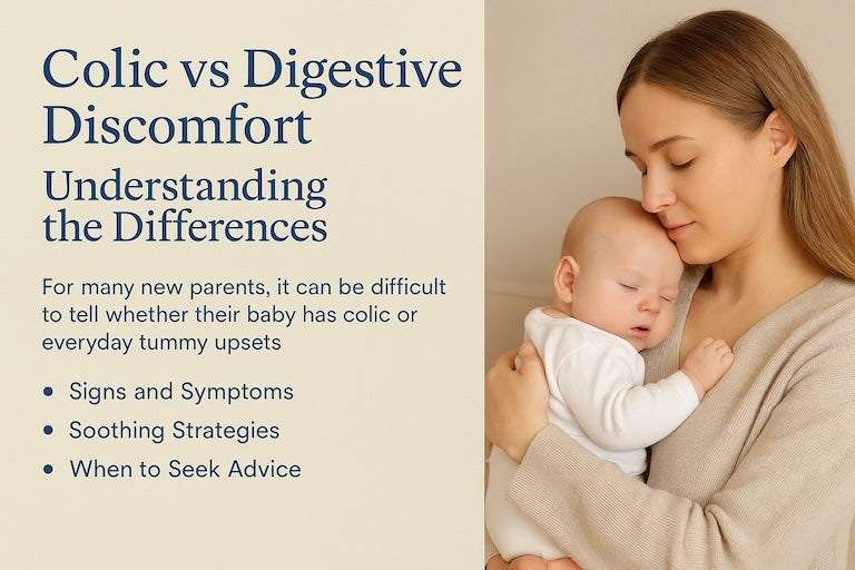 Mother holding baby with guide to colic vs tummy discomfort for NZ parents.