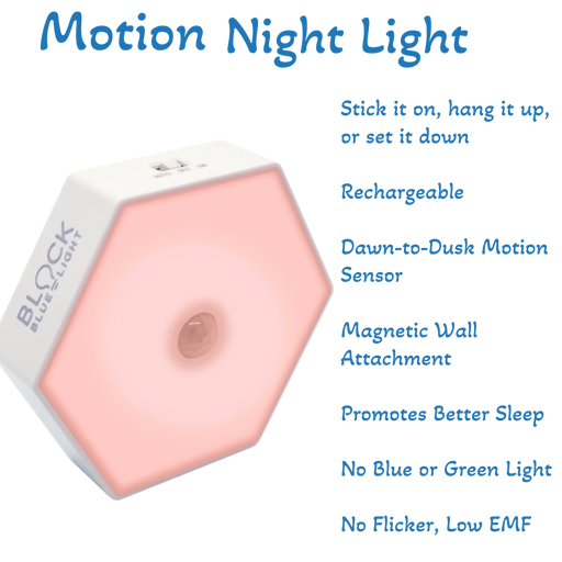 Rechargeable Twilight Motion Night Light with a dawn-to-dusk sensor, magnetic wall attachment, emitting soft, calming light with no blue or green hues, designed for low EMF and flicker-free ambiance in a baby's nursery.