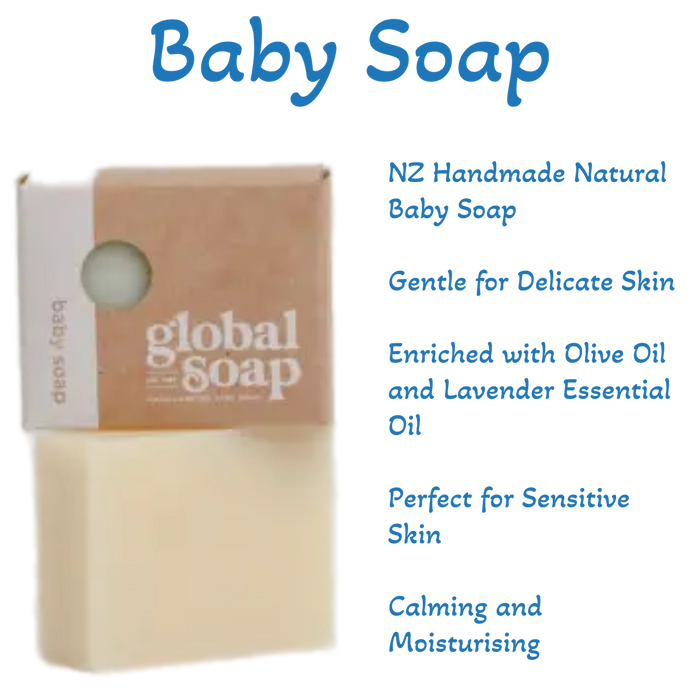 Handmade Global Baby Soap, crafted with care using natural ingredients like olive oil and lavender essential oil, providing a gentle and moisturizing cleanse for a baby's delicate skin.