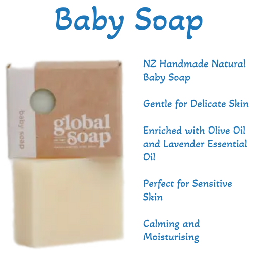 Baby Soap bar from Global Soap NZ,  crafted from natural ingredients, ideal for infant’s delicate skin.