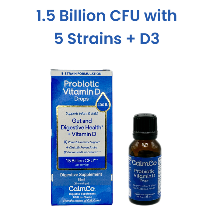 CalmCo Probiotics+D3 Vitamin box and bottle, designed for infant health, providing essential support for a developing immune and digestive system.