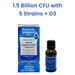 Bottle of CalmCo Probiotics + D3 supplement, designed to support infant health and wellness, featuring a label highlighting its natural ingredients and benefits for developing infants.