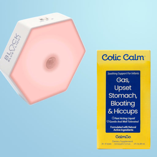 Image of the Colic Calm and Twilight Motion Night Light Combo from Colic Calm NZ, featuring a natural colic remedy and a soothing, rechargeable night light, packed in an eco-friendly courier satchel.