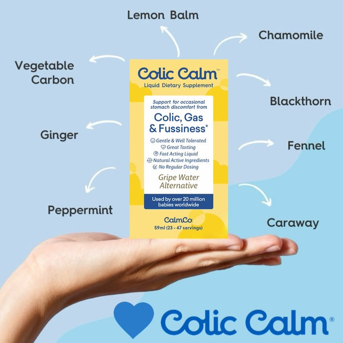 Colic Calm Gripe Water ingredients – includes activated charcoal, chamomile, fennel, lemon balm, peppermint, ginger, and caraway for natural infant colic and gas relief.