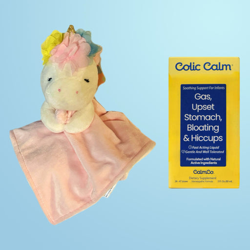 Comforting baby care combo featuring a box of Colic Calm dietary supplement for soothing infant gas and digestive issues, alongside a plush Boho Unicorn Cuddle Blanket in pink for magical snuggles.