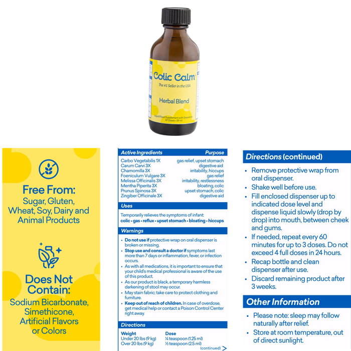 Bottle of Colic Calm, a natural remedy for easing colic and digestive discomfort in infants, presented with a label detailing its benefits and usage instructions.