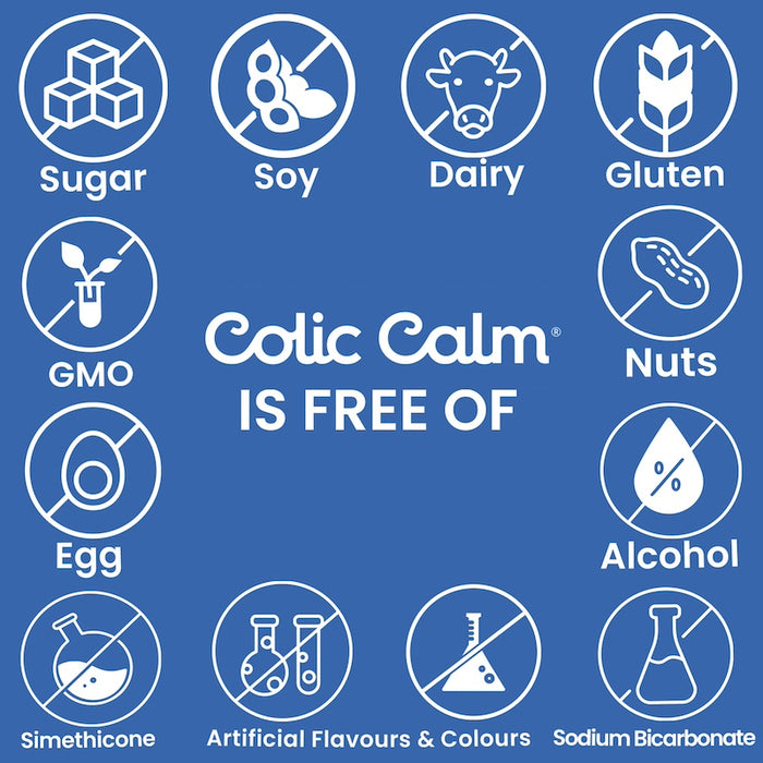 Colic Calm baby gas Remedy – free from sugar, alcohol, gluten, dairy, soy, animal products,artificial flavours or colours, Sodium Bicarbonate and Simethicone.