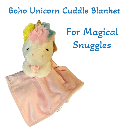 Boho Unicorn Cuddle Blanket in soft pink, featuring a plush unicorn head with a pastel-colored mane, offering a cozy and magical snuggle companion for infants.