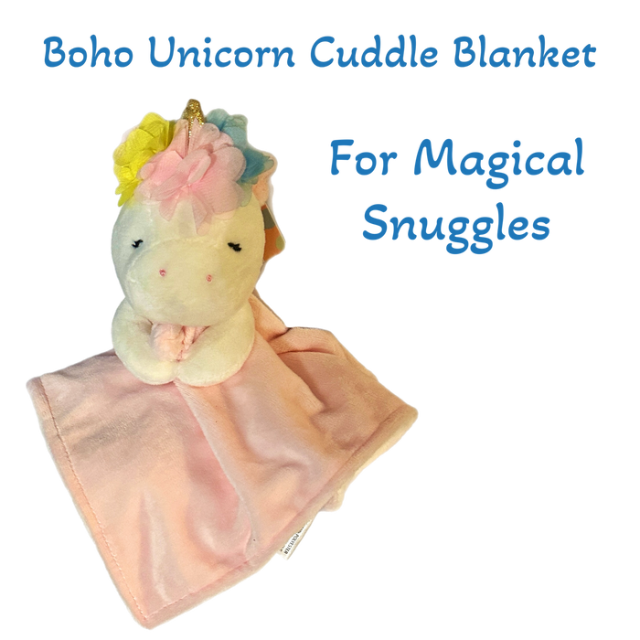 Boho Unicorn Cuddle Blanket in soft pink, featuring a plush unicorn head with a pastel-colored mane, offering a cozy and magical snuggle companion for infants.