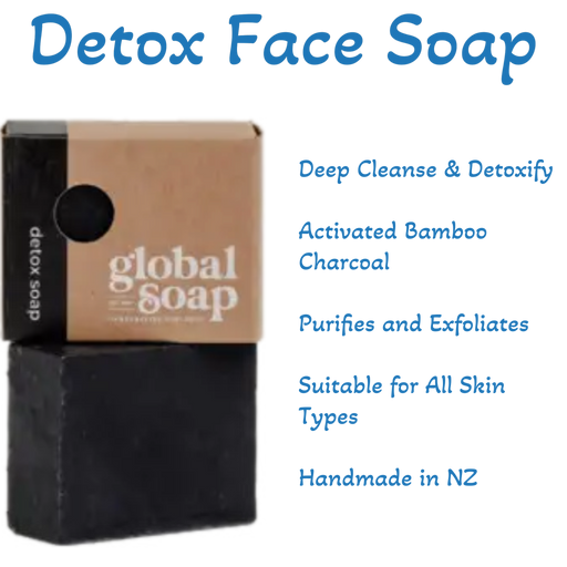 Detox Face Soap bar by Global Soap NZ, with activated bamboo charcoal for a deep facial cleanse.