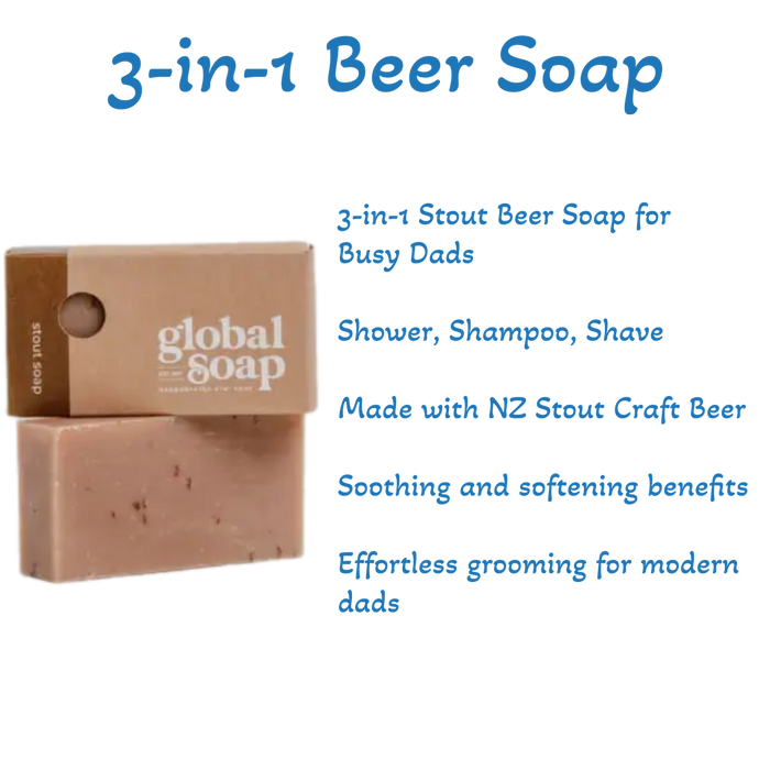 Innovative 3-in-1 Craft Beer Soap for dads, multipurpose for showering, shampooing, and shaving, made with natural NZ Stout Craft Beer.