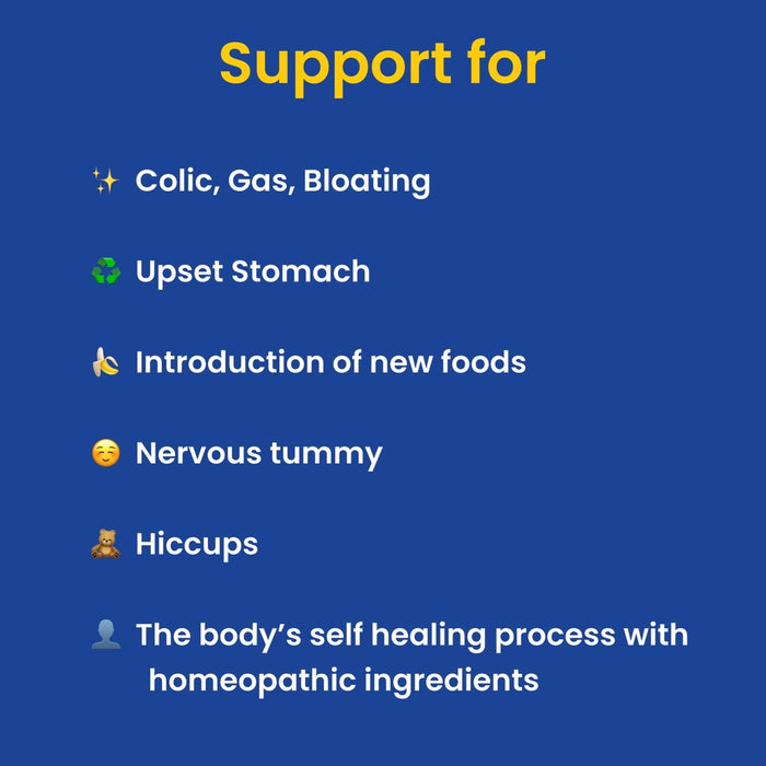 An informative graphic in blue highlighting the benefits of a colic relief product. It offers support for Colic, Gas, Bloating, Upset Stomach, introduction of new foods, nervous tummy, and Hiccups. The graphic also mentions that the product aids the body's self-healing process with homeopathic ingredients.