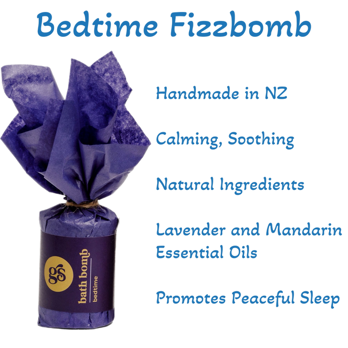 The Bedtime Fizzbomb, a natural, calming bath time treat with lavender and mandarin oils, handcrafted in NZ for a peaceful bedtime routine.