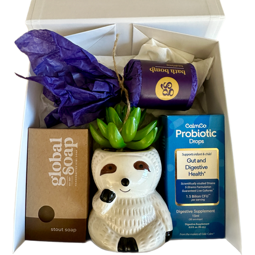 Baby and Dad Gift Parcel with Probiotics, Fizz Bomb, Beer Soap, and Greenery in Reusable Magnetic Closure Box