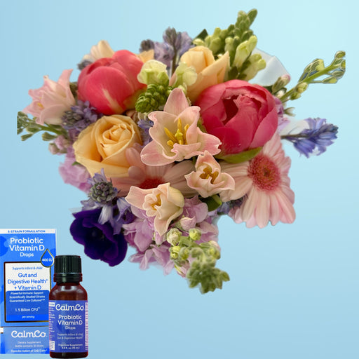 A 'Wellington Welcome Bundle' of CalmCo Probiotics+D3 vitamins and a radiant seasonal pastel bouquet from Becca Florist, a perfect new baby and parent gift, deliverable only in Wellington