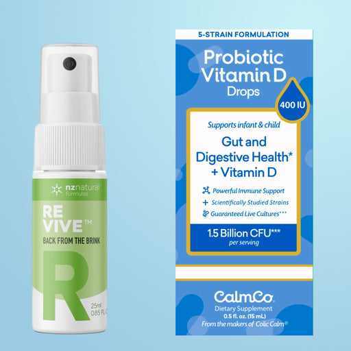 Image of the New Mom Rejuvenation Combo, including Revive Spray for Exhaustion and CalmCo Probiotics + D3