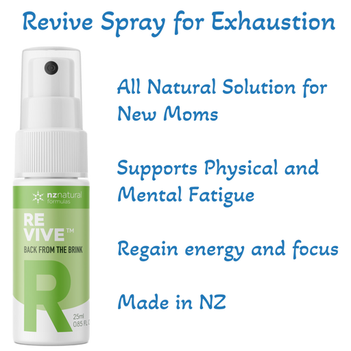 Revive Spray for Exhaustion from NZ Natural Formulas, an all-natural spray designed for new moms to alleviate physical and mental fatigue.