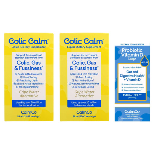 Bundle of 2 Colic Calm bottles and Baby Probiotic with Vitamin D3 for natural colic relief, gas relief, and digestive support in infants.