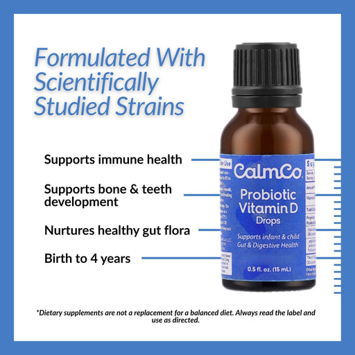 CalmCo baby probiotic and vitamin D3 drops bottle with infographic highlighting benefits of the multi-strain probiotic, vitamin D3 for infants and children, and use from birth to 4 years