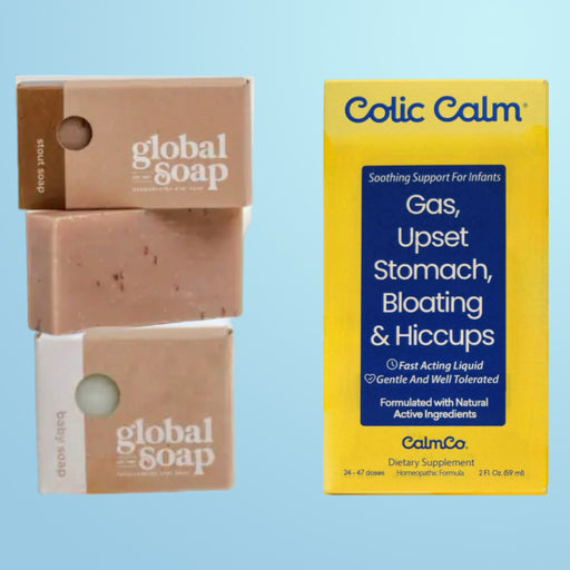Assorted family wellness set with natural Global Baby Soap, Colic Calm for infants' digestive comfort, and a crafted Beer Soap for dads, presenting a holistic approach to family care.