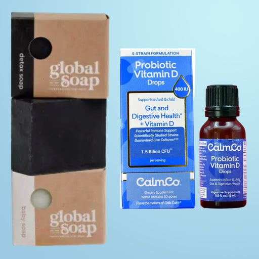 Image displaying the Complete Family Care Kit, including Gentle Baby Soap, Adult Detox Face Soap, and Child Probiotic Vitamin D Drops for family-wide health and care.