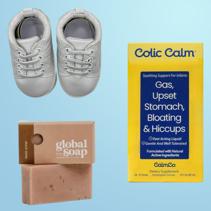 Comprehensive kit for new parents, displaying Colic Calm, white Carnaby Baby Sneakers, and a 3-in-1 Craft Beer Soap bar, perfect for family care and comfort.
