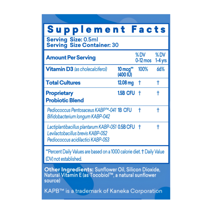 Detailed view of the ingredients on the back of CalmCo's Probiotics+D3 Vitamin box, listing the beneficial strains and vitamin D3 content for informed parental choice.