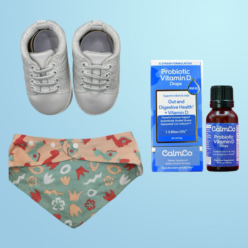 Infant Essentials Combo: Probiotics+ Vit D3 Drops , Snicker, and Reversible Bib for Babies up to 6 Months