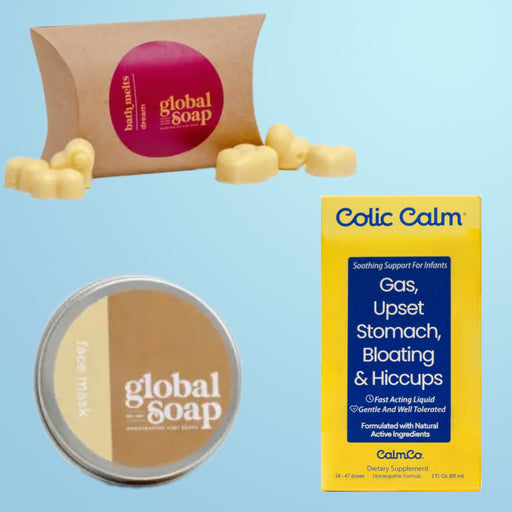 Image of the Ultimate Relaxation and Wellness Set with Dream Bath Melts, a Clay Face Mask, and Colic Calm, a comprehensive care package for relaxation and baby wellness, handmade in New Zealand.