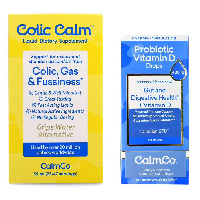 Baby Probiotic and D3 Vitamin Bottle Next to Colic Calm in Relief Bundle