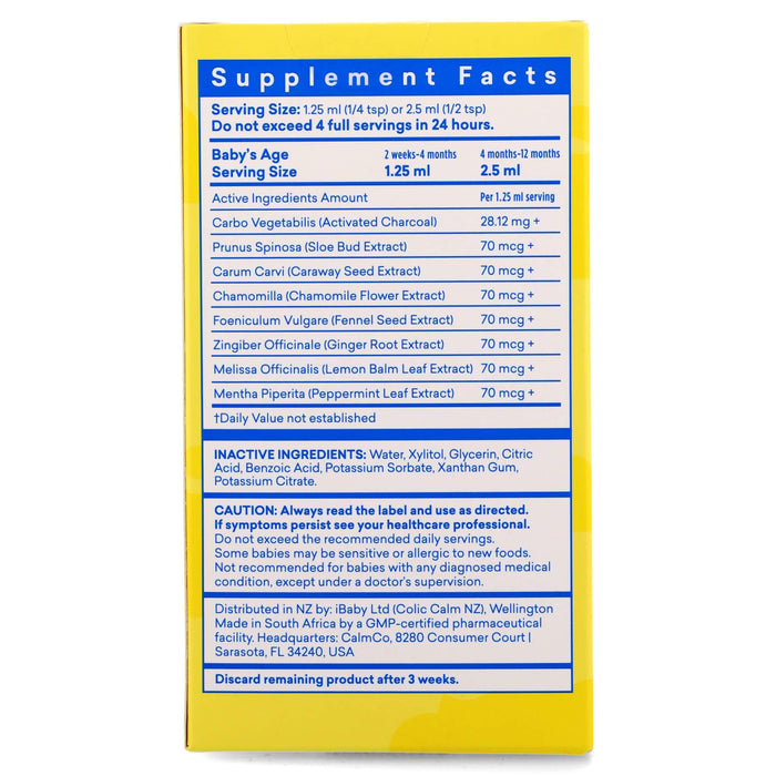 Colic Calm Colic Remedy ingredients label – homeopathic formula with activated charcoal, chamomile, fennel, and lemon balm for natural infant colic, gas, and reflux relief.