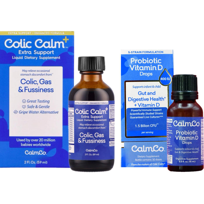 A product bundle of Colic Calm Plus and Baby Probiotic with Vitamin D from New Zealand, formulated to ease colic, gas, and fussiness in infants while supporting immune health.