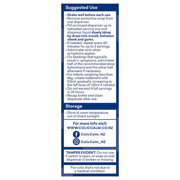 Colic Calm Plus dosage chart for infants, detailing safe and effective amounts for natural colic and gas relief.