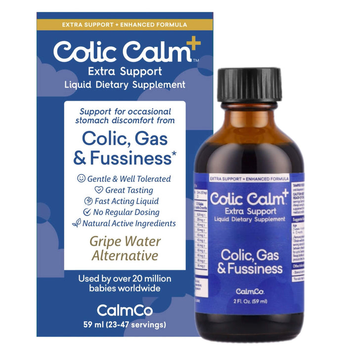 Colic Calm Plus for colic, gas, and reflux relief, a natural remedy designed to soothe infant digestive discomfort.