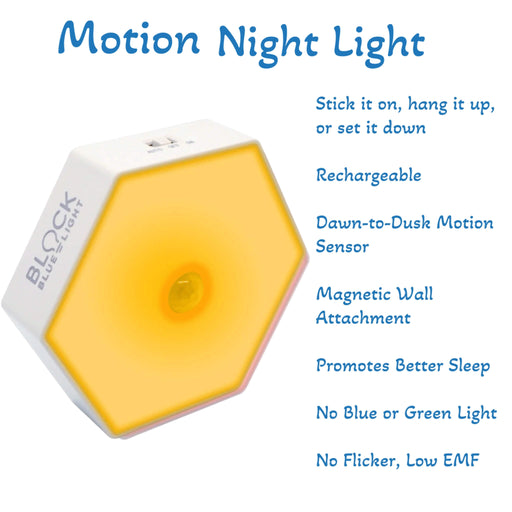Warm glow motion night light for babies – no blue or green light, flicker-free, rechargeable, with magnetic wall attachment and dawn-to-dusk sensor